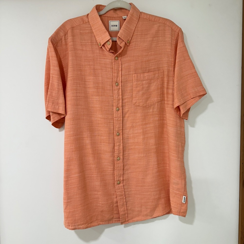 ROWM Short Sleeve Button Down Men Size L Orange Textured‎ Cotton | Coastal